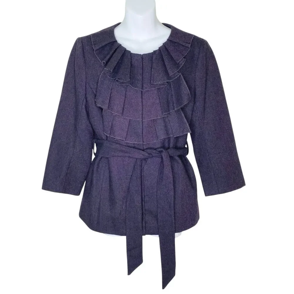 Ann Taylor Loft Jacket Women 12 Plum Wool Blend Ruffle Pleated Neck Belted Lined